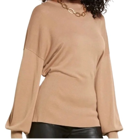 Tie Back Belt Ribbed Mocha Mousse Sweater Mock Neck Billow Sleeve Size L NWT - Picture 3 of 16